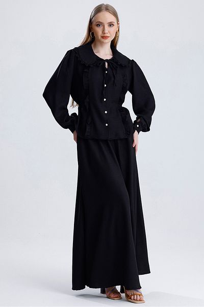MD trend Women's Baby Collar Lace Detailed Tie-Up Blouse and Bell Skirt Double Linen Set