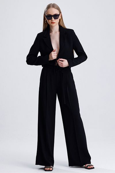 MD trend Women's Tied Crop Jacket and Belted Palazzo Trousers Two Piece Set
