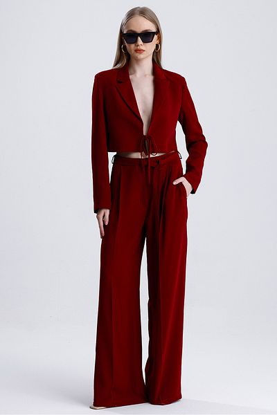 MD trend Women's Tied Crop Jacket and Belted Palazzo Trousers Two Piece Set