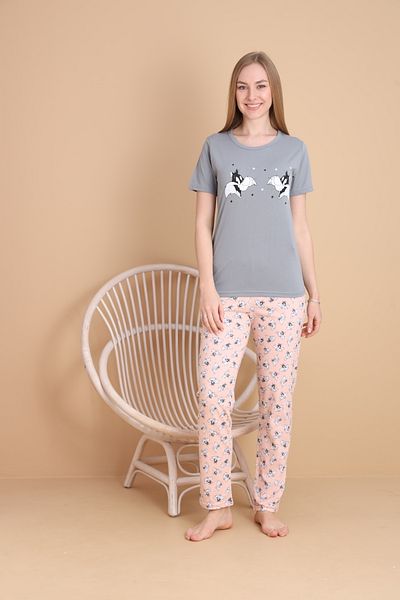 VG BOND MODA Grey Floor Print Detailed Short Sleeve Women's Pajamas Set Vg157