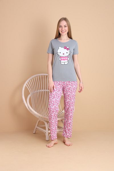 VG BOND MODA Gray Floor Kitten Printed Short Sleeve Women's Pajama Set Vg159