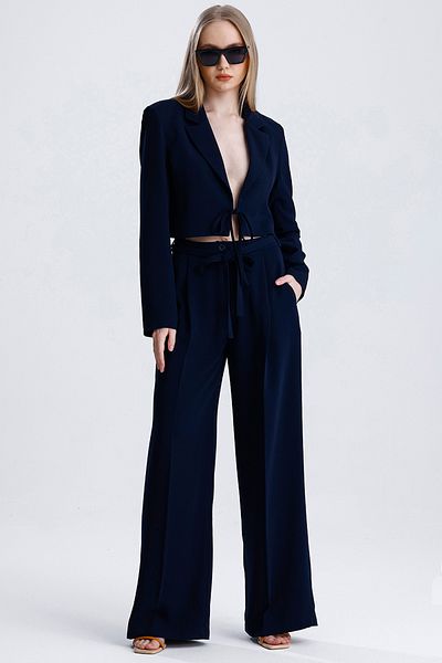 MD trend Women's Tied Crop Jacket and Belted Palazzo Trousers Two Piece Set