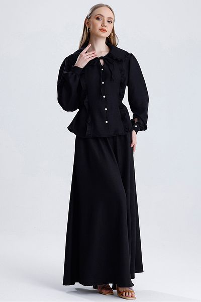 MD trend Women's Baby Collar Lace Detailed Tie-Up Blouse and Bell Skirt Double Linen Set
