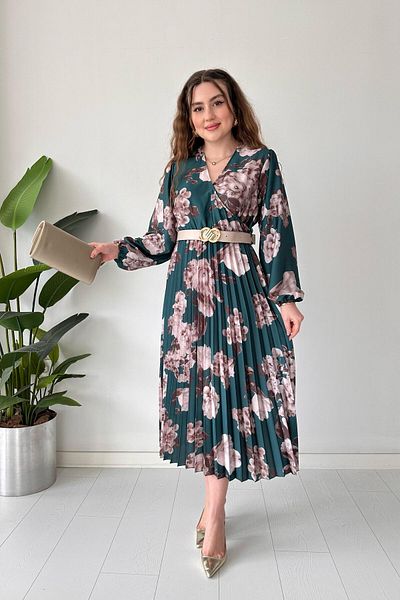 MaziButik Emerald Satin Dress Hydrangea Pleated