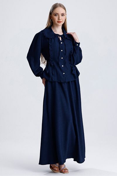 MD trend Women's Baby Collar Lace Detailed Tie-Up Blouse and Bell Skirt Double Linen Set