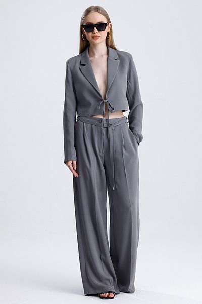 MD trend Women's Tied Crop Jacket and Belted Palazzo Trousers Two Piece Set