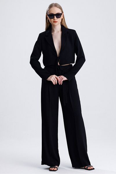 MD trend Women's Tied Crop Jacket and Belted Palazzo Trousers Two Piece Set