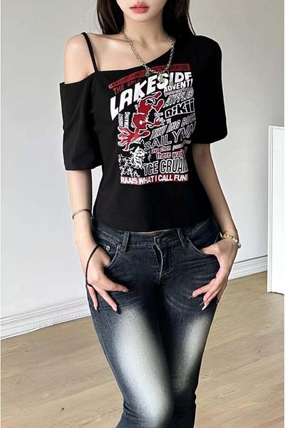 Köstebek Crop cu mânecă scurtă Y2k cu umăr decoltat Black Lakeside