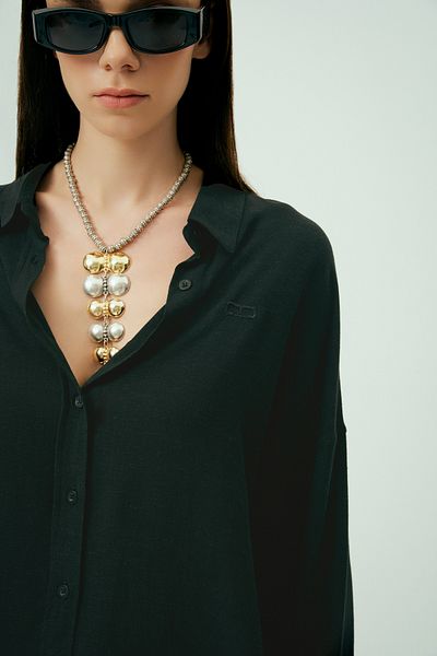 Wear Three Points Noir - Oversize Fit Linen Black Shirt with Long Sleeves and Cuffs