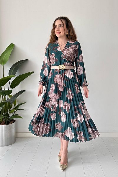 MaziButik Emerald Satin Dress Hydrangea Pleated