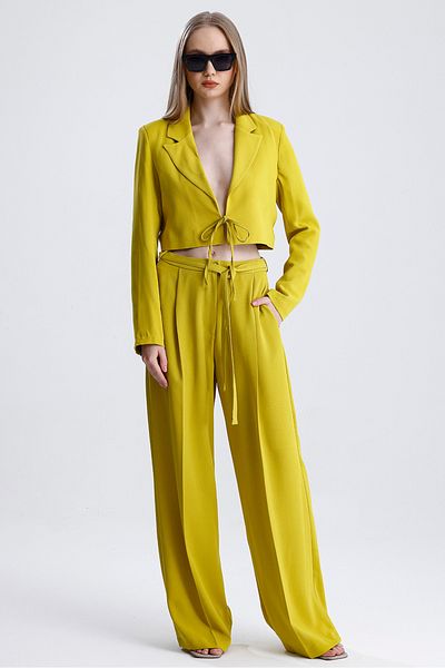 MD trend Women's Tied Crop Jacket and Belted Palazzo Trousers Two Piece Set