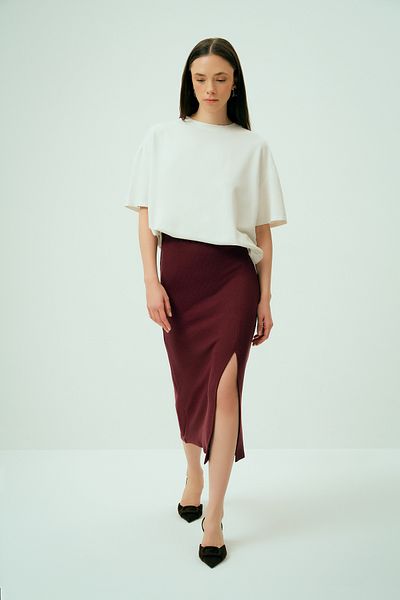 Wear Three Points Spirit - Comfort Fit Modal Midi Skirt - Ribbed Slit Detail, Burgundy