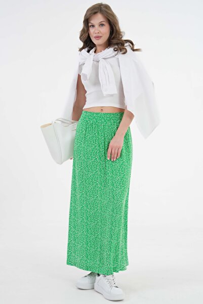 Saade Green Floral High Waist Woven Skirt with Elastic Waist
