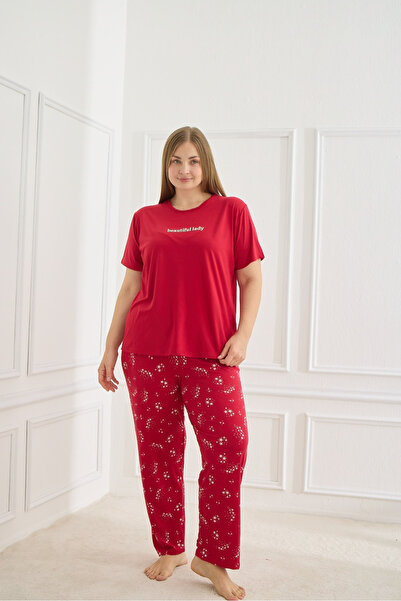 Burcumay Women's Patterned Short Sleeve Flexible Soft Textured Milan Fabric Red Summer Plus Size Pajamas Set