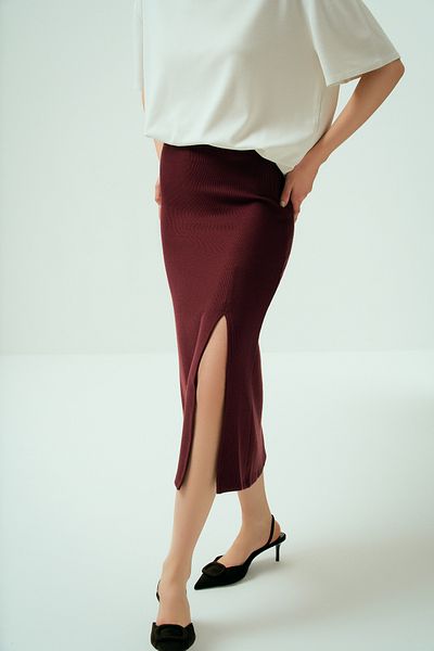 Wear Three Points Spirit - Comfort Fit Modal Midi Skirt - Ribbed Slit Detail, Burgundy
