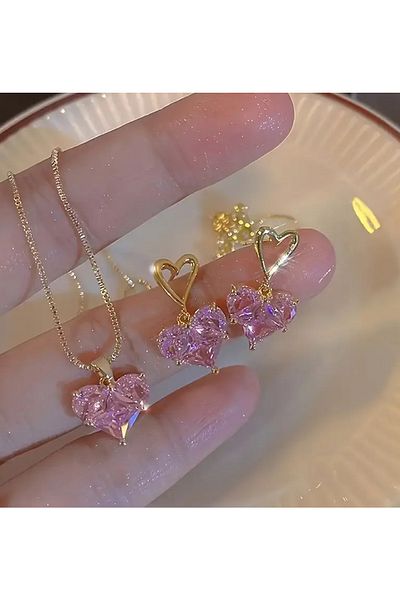 Happy Vibes Y2K Necklace Set - Earrings and Necklace (Pink)