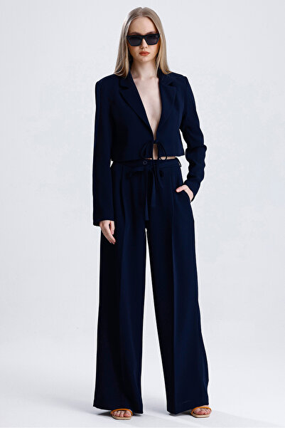 MD trend Women's Tied Crop Jacket and Belted Palazzo Trousers Two Piece Set