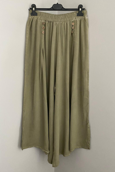 AYASOFYA OTANTIK Women's Khaki Elastic Waist Button and Distressed Detailed Loose Wide Leg Pants Skirt