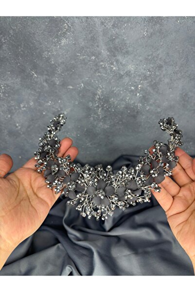Hayalperest boncuk Nileda Model Crystal Beaded Henna Crown Stylish Bridal Hair Accessory Anthracite Color