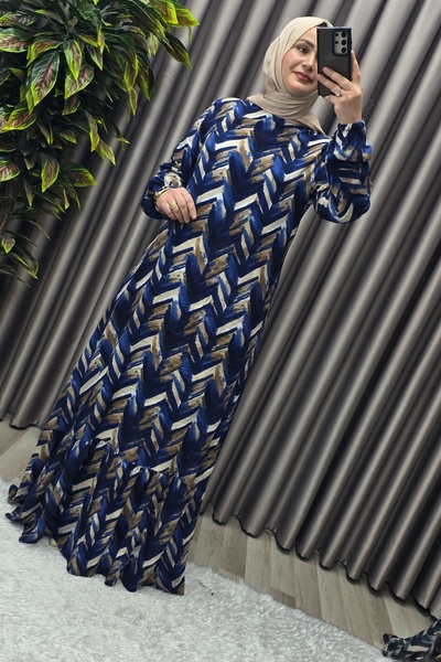 Elmas Tesettür Γυναικεία Ρούχα Χιτζάμπ Μεγάλου Μεγέθους Φόρεμα με σχέδιο από βισκόζη