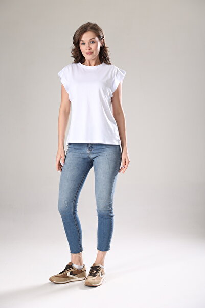 Tight Lady Λευκό 100% βαμβακερό μπλουζάκι με βάτο Look Basic Crew Neck Knitted T-shirt