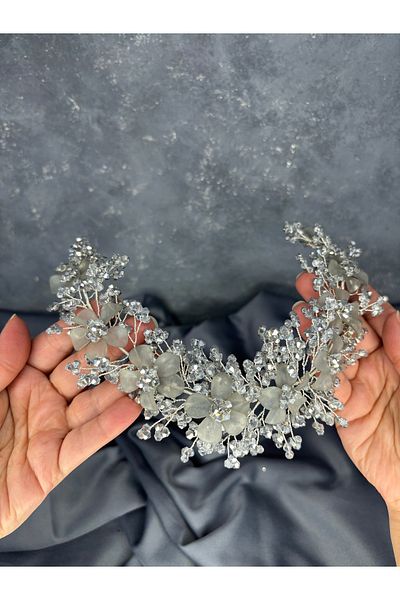 Hayalperest boncuk Nileda Model Crystal Beaded Henna Crown Stylish Bridal Hair Accessory Gray