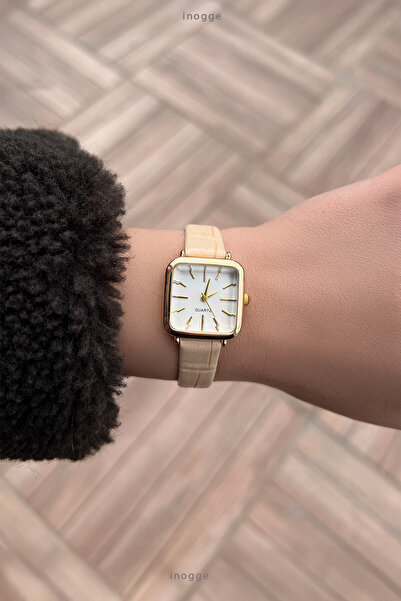 İnogge Krem Kordonlu Minimal Kare Kasalı Kadın Kol Saati