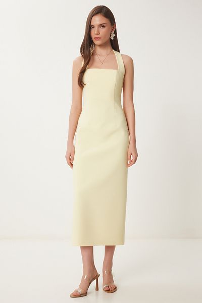 Lovelyİstanbul Rochie țesută Midi cu bretele groase Galben Lfk0005