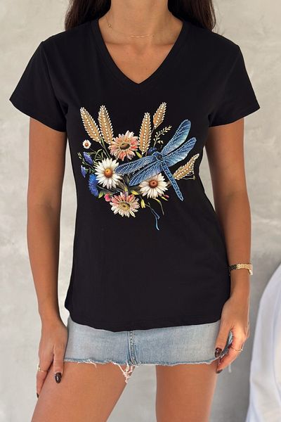 FEMELLE Tricou negru pentru femei, 100% bumbac, cu decolteu în V, cu modele de libelule