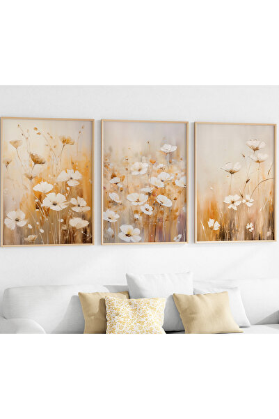 CKA Tasarım Sarı Kır Çiçekleri 3'lü Tablo Seti, Salon tablosu, Yatak Odası Ta...