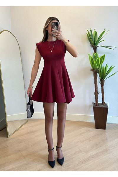 HARMONY GLOBAL Burgundy Pleated Padded Zero Sleeve Flared Mini Dress 0525