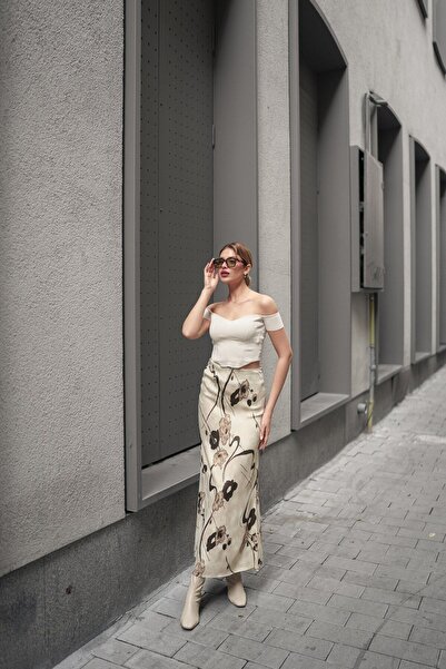 Gugus Women's Long Ankle Length Patterned Satin Skirt