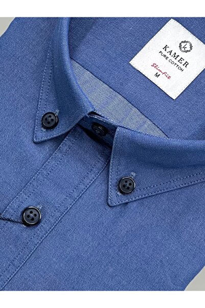 KAMER Men Slim Fit 100% Cotton Long Sleeve Button Collar Blue Solid Washed Shirt 2411m