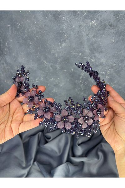 Hayalperest boncuk Nileda Model Crystal Beaded Henna Crown Bridal Hair Accessory Purple