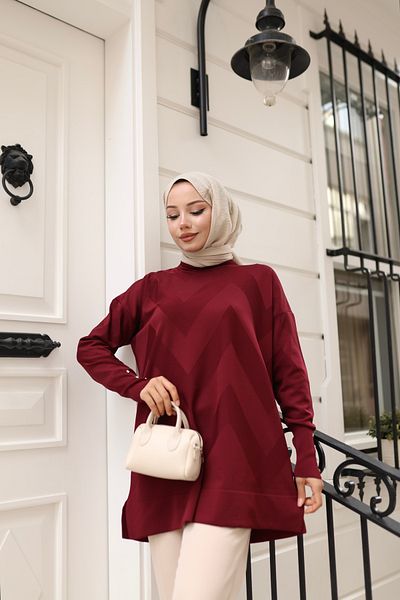 NATUFIAN STORE Women's Mercerized Zigzag Patterned Hijab Tunic