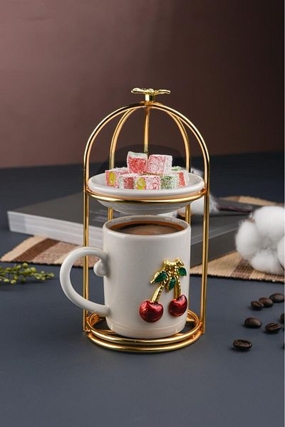 Sezka Life Coffee Cup and Turkish Delight Bowl Set Cherry Pattern Presentation Set