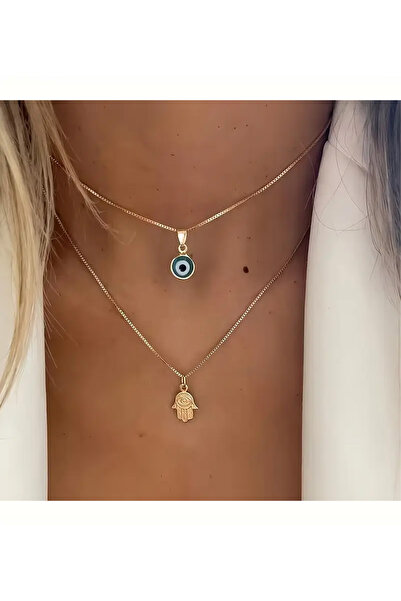 Happy Vibes İkili Kolye Seti - Fatma Ana Eli ve Nazar Boncuklu - Gold