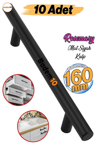 Badem10 RoseMary 160 mm Mobilier Bucătărie Sertar Dulap Capac Mâner Mâner 16 cm Negru Mat Metal Mâner (10 buc.)