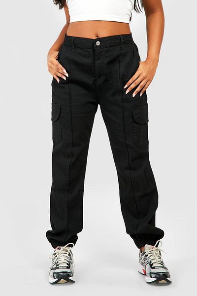 Şans Women's Plus Size Black High Waist Front Grass Stitching Elastic Leg Cargo Pants 65N38741