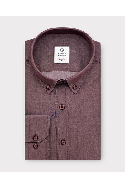 KAMER Men Slim Fit 100% Cotton Long Sleeve Button Collar Burgundy Solid Washed Shirt 2411R
