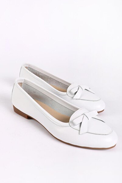 Hayati Arman Women's Genuine Leather Bow Ballerina Ballet White