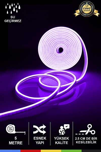 CSled 12V İç ve Dış Mekan Mor Neon LED Şerit – 5 Metre Esnek Silikon Neon  (2...
