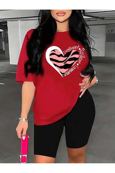PENTHİLUS Women S Stylish Leopard Heart Print Activewear Set - Comfortable Short Sleeve T-Shirt and Shorts