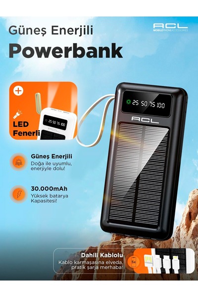 ACL Pw-61 Led Işıklı Usb Mikro Type-c Lighning Kablolu 2xusb 30000mah Lcd Powerbank