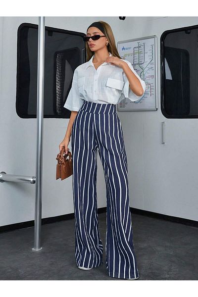 SERBA Striped Fabric Corsage Belt Wide Leg Pants