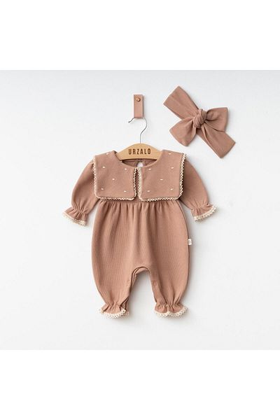 Bilge Bebek Maita Heart Embroidered and Bandana Baby Girl Romper Set