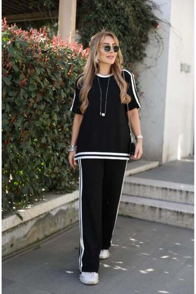 QİMYA BUTİK بدلة نسائية من BUKETLI بأكمام قصيرة وتفاصيل مخططة مع بنطال فضفاض