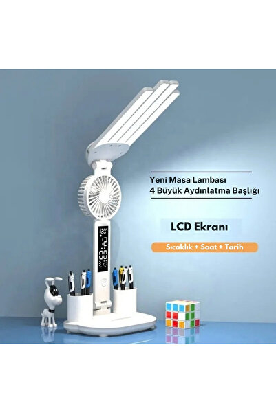 Monozone Fanlı Masa Lambası 7w Şajlı Saat Takvim Dereceli Masa Lambası Kaleml...