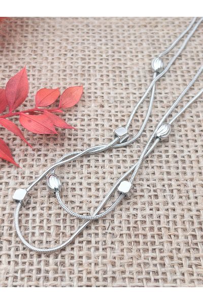 Siya Silver Steel Cube Dorica Detailed Double Steel Necklace