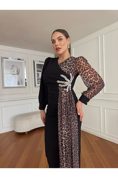 1Moda1Tarz Γυναικείο Scuba Crepe Ύφασμα Φόρεμα Σχεδιασμού Αστερίας Λεοπάρ Εισαγόμενο Στυλ Sleep Lightnings